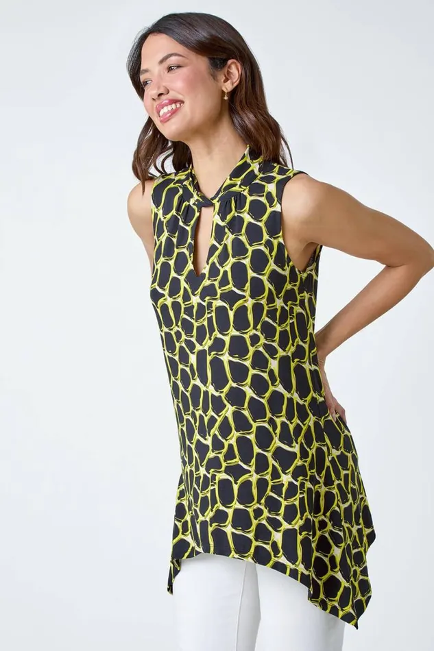 Yellow Spot Print Twist Neck Top Women Roman Tops
