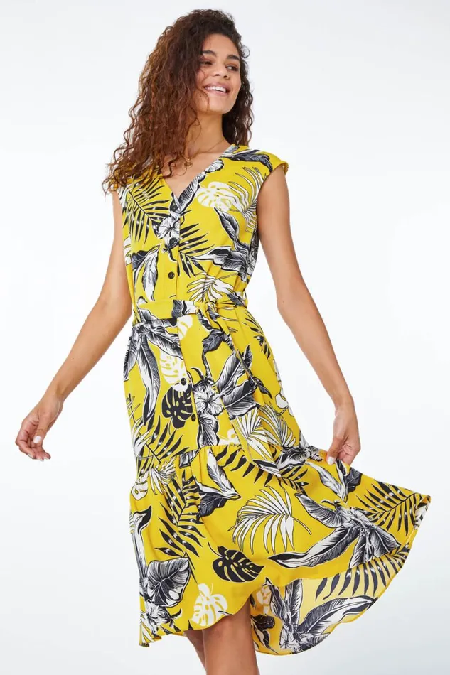 Yellow Tropical Print Dipped Hem Dress Women Roman Dresses