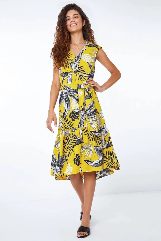 Yellow Tropical Print Dipped Hem Dress Women Roman Dresses