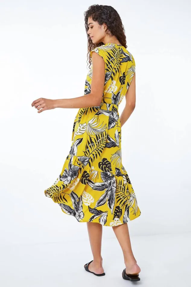 Yellow Tropical Print Dipped Hem Dress Women Roman Dresses