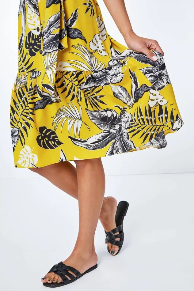 Yellow Tropical Print Dipped Hem Dress Women Roman Dresses